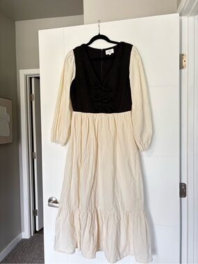 Able los angeles Cotton Oatmeal Puff Sleeve bows Midi Dress size L Lara combo